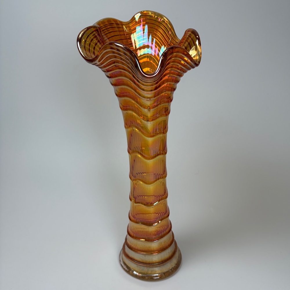 VTG Imperial Ripple Iridescent Marigold Stretch Carnival Glass Vase